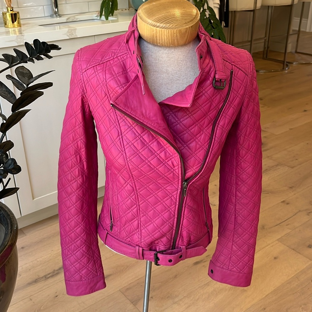 NWT Blink pink leather moto style jacket w integrated belt and collar strap.